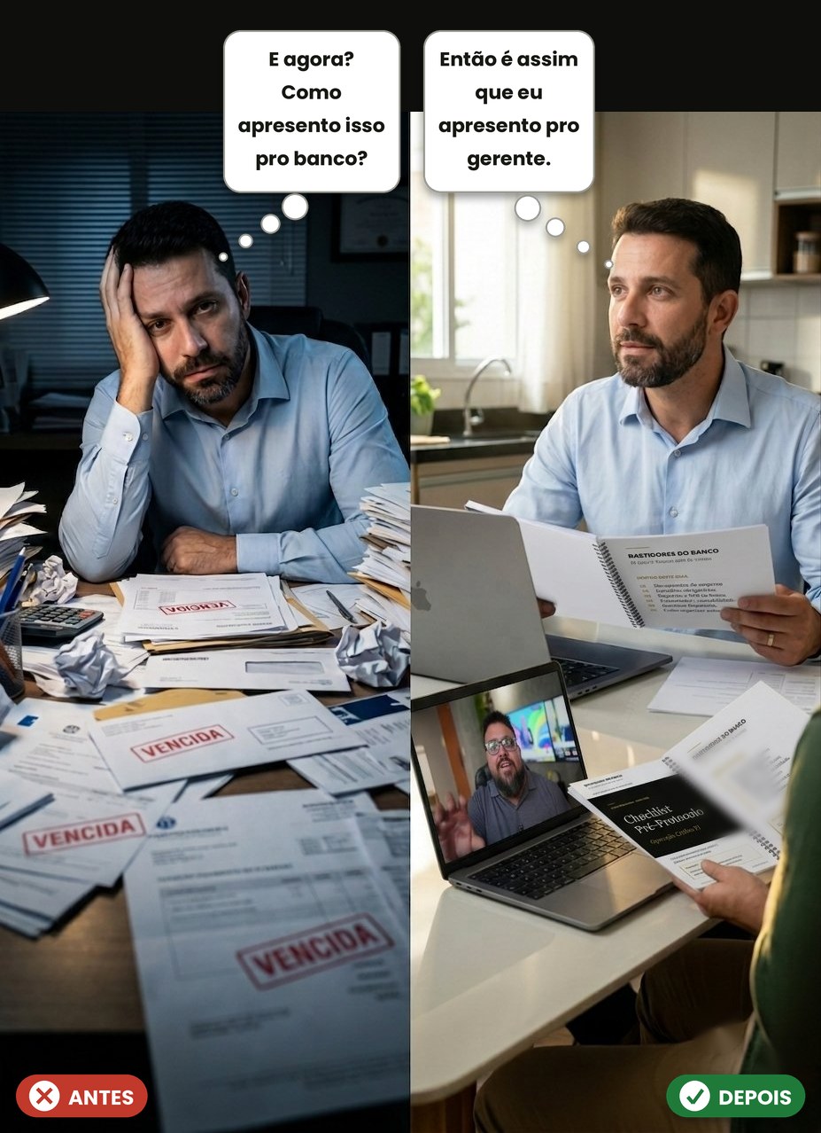 Antes e depois: à esquerda, o empresário afogado em boletos vencidos sem saber como apresentar ao banco; à direita, o mesmo empresário organizado, assistindo à aula com o e-book e o checklist na mão, pronto para a reunião.