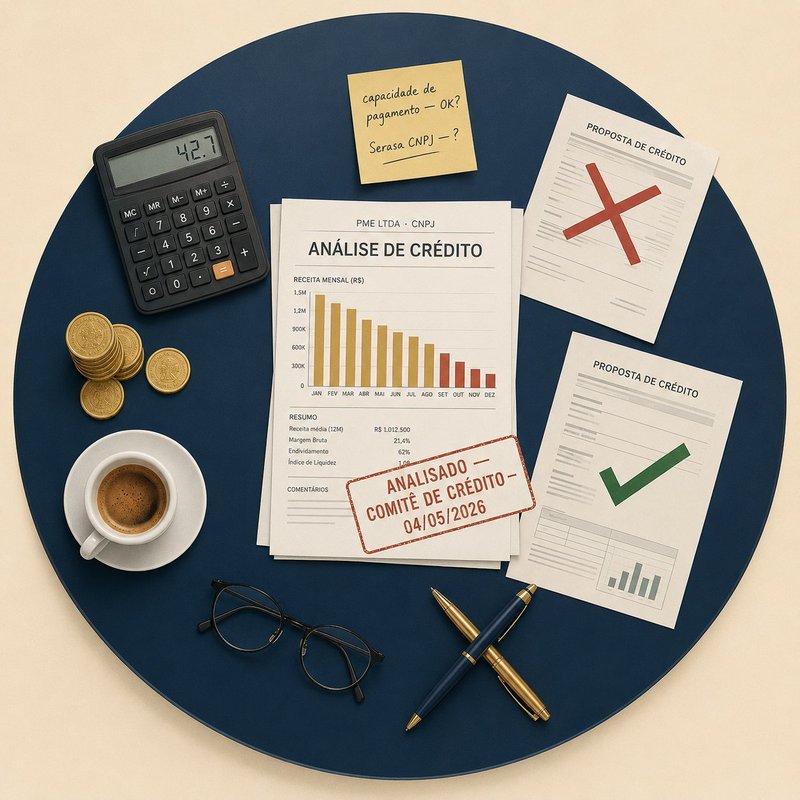 Mesa de comitê de crédito vista por cima, com análise de receita mensal, propostas aprovadas e recusadas, calculadora, óculos, canetas e xícara de café.